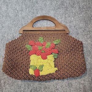 Vintage Boho Strawberry Handbag Hand Sewn Liner With Pockets Wooden Handles